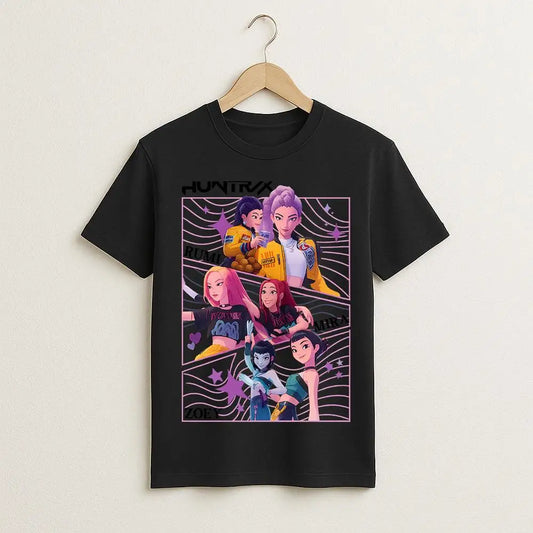 2025 Korean Version Of The Demon Hunter Print T-shirt New Harajuku Style Fashion Cartoon Pattern Unisex Loose Round Neck Top